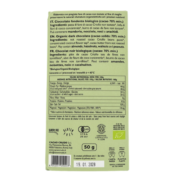 Chocolat Noir Bio 70% Pur 50g - Cacao Crudo