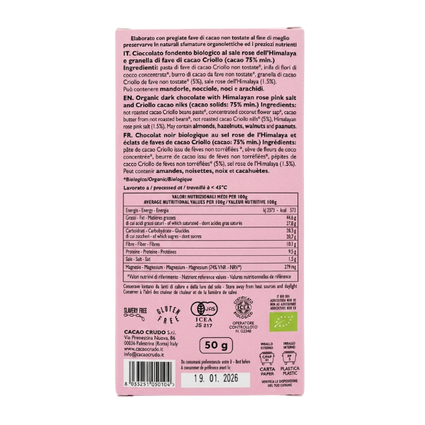 Chocolat Noir Bio 75% Sel Rose de l'Himalaya 50g - Cacao Crudo