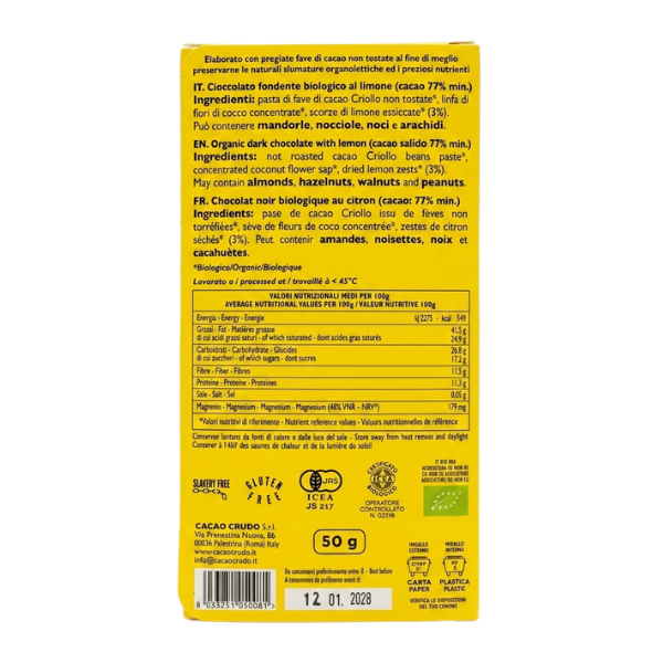 Cioccolato Fondente Bio 77% Scorze di Limone 50g - Cacao Crudo